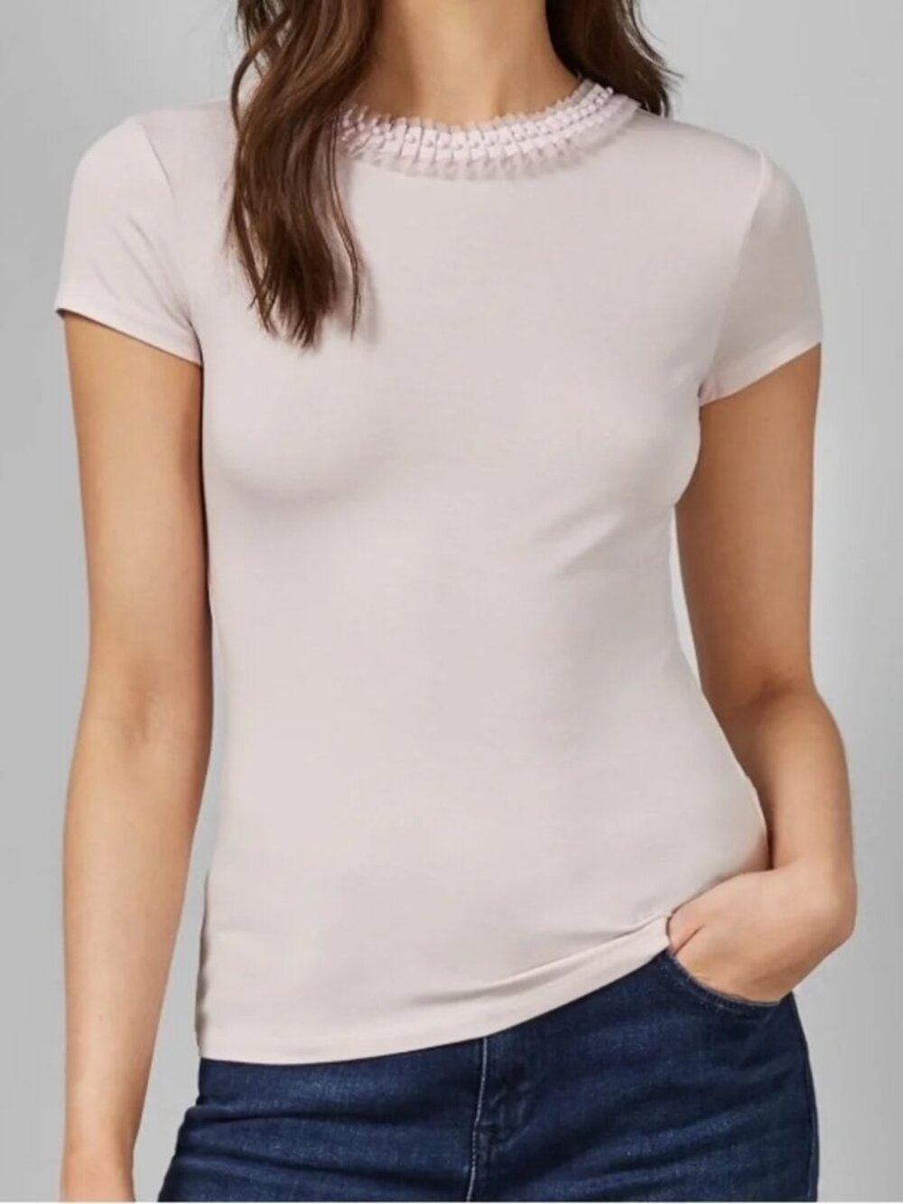 Ted Baker London Blush Pink Tee Pleated Trim Neckline Size 4 US 10